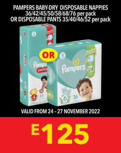 PAMPERS BABY-DRY DISPOSABLE NAPPIES 36/42/45/50/58/68/76 PER PACK OR DISPOSABLE PANTS 35/40/46/52 PER PACK, E125