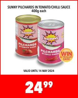 SUNNY PILCHARDS IN TOMATO/CHILLI SAUCE 400g each, 24.99